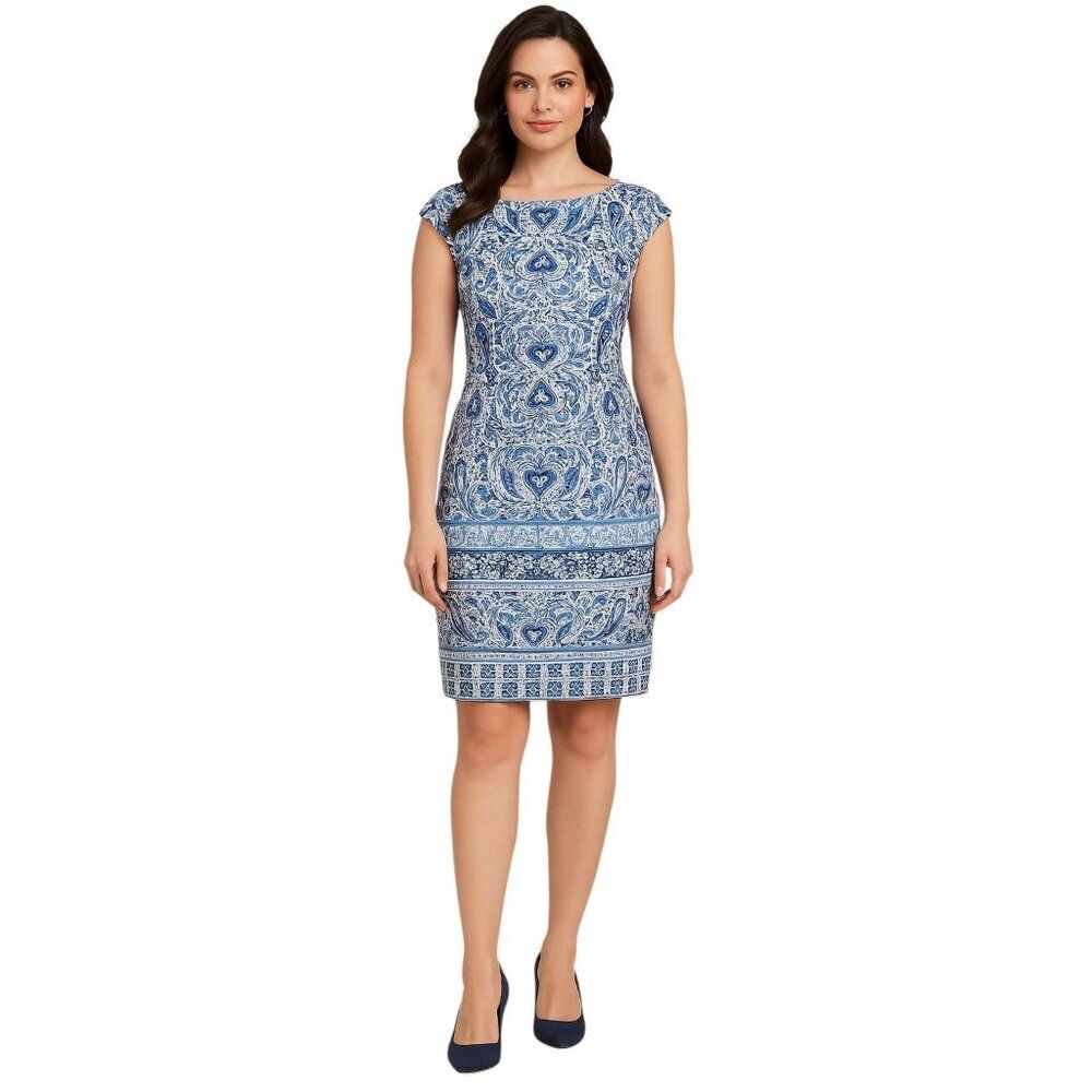 Maggy London Blue PENCIL Dress Printed Pattern Sheath Cap WOMEN'S WOMAN'S 12